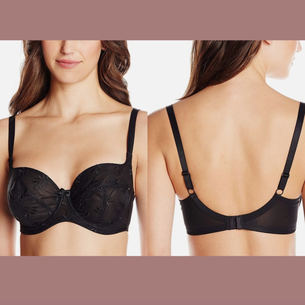 NWT $66 Panache [ 42J ] Tango Balconette Bra Embroidered‎ Black #U1141